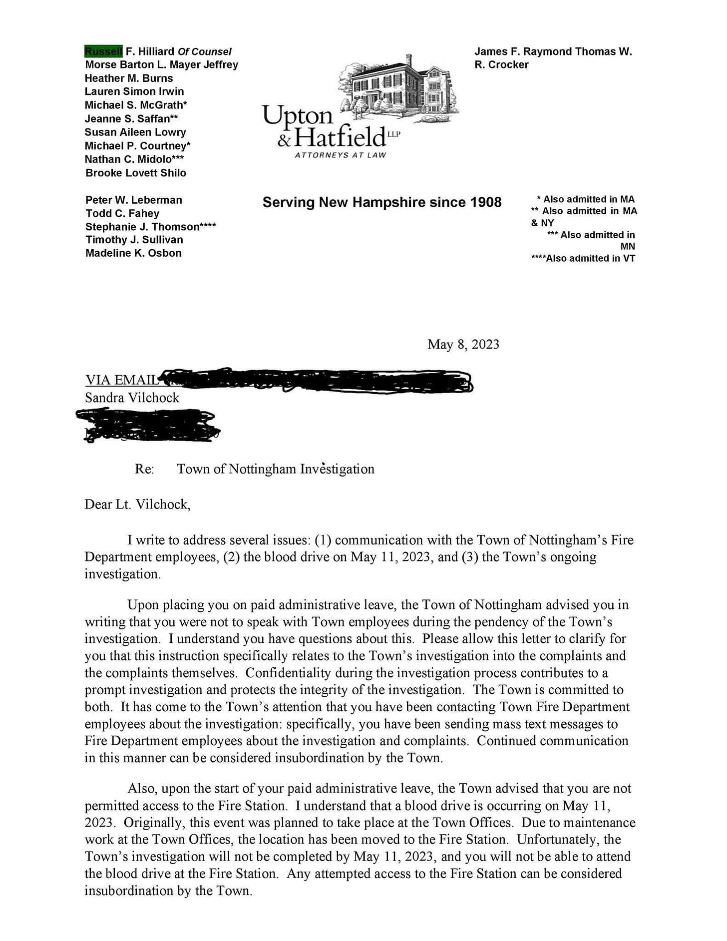 May be an image of ticket stub, blueprint and text that says 'Hilliard Mayer James Raymond Thomas Crocker Upton Hatfield™ Shilo Stephanie Madeline Serving New Hampshire since 1908 Osbon MA Sandra Vilchock May 2023 Re: Town Dear Nottingham Investigation Vilchock, write several issues: the communication with May and Upon Nottingham' the Town ongoing paid with Town leave Town advised you Town' this letter protects integrity attention Fire have you can considered sending Fire messages communication Town. 2023. Originally, this event Town Offices, ocation not Station. Any Town, Town the blood drive not Iunderstand May11 place Town Offices, maintenance moved the Fire Station, Unfortunately, May 2023, not able attend access can considered'
