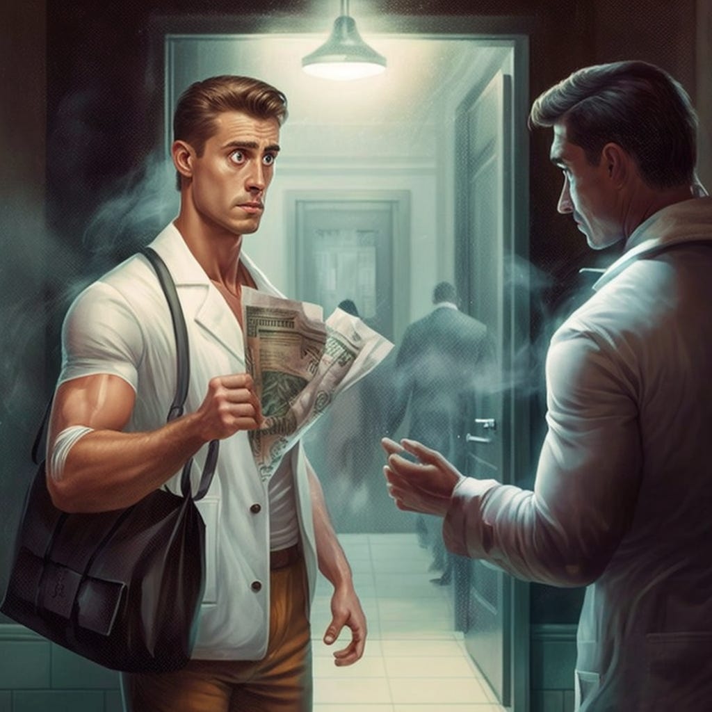 a young good looking man in a padded vest with designer shoes handing a bag of money (dollar sign on it with money coming out of the top) to a doctor in a lab coat. The doctor looks confused but hesitantly takes the money.