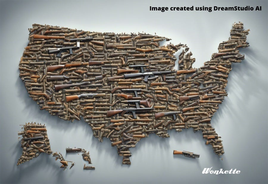 AI generated image of the United States, made out of various guns. 