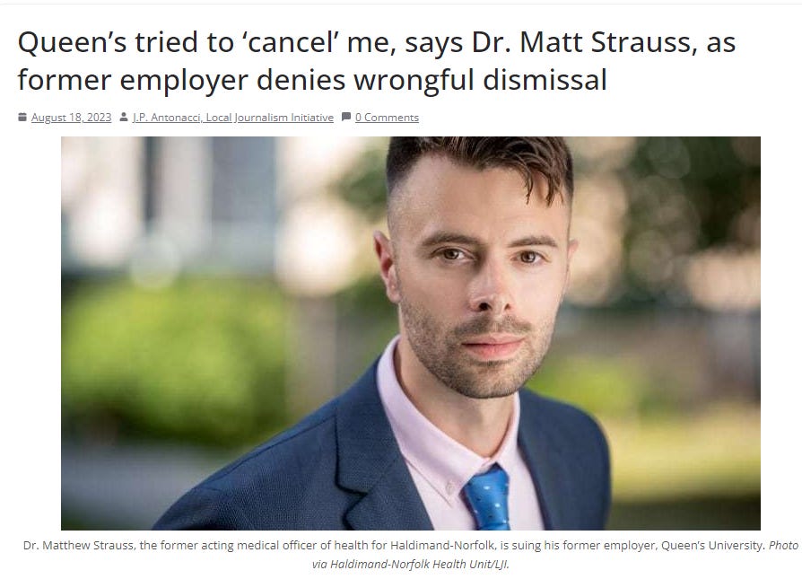 Headline: "Queen’s tried to ‘cancel’ me, says Dr. Matt Strauss, as former employer denies wrongful dismissal"