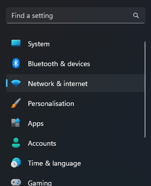 Windows 11 settings sidebar showing options for system, bluetooth, internet, personalisation, apps, accounts, time and gaming on screen. Internet is selected in this screenshot.