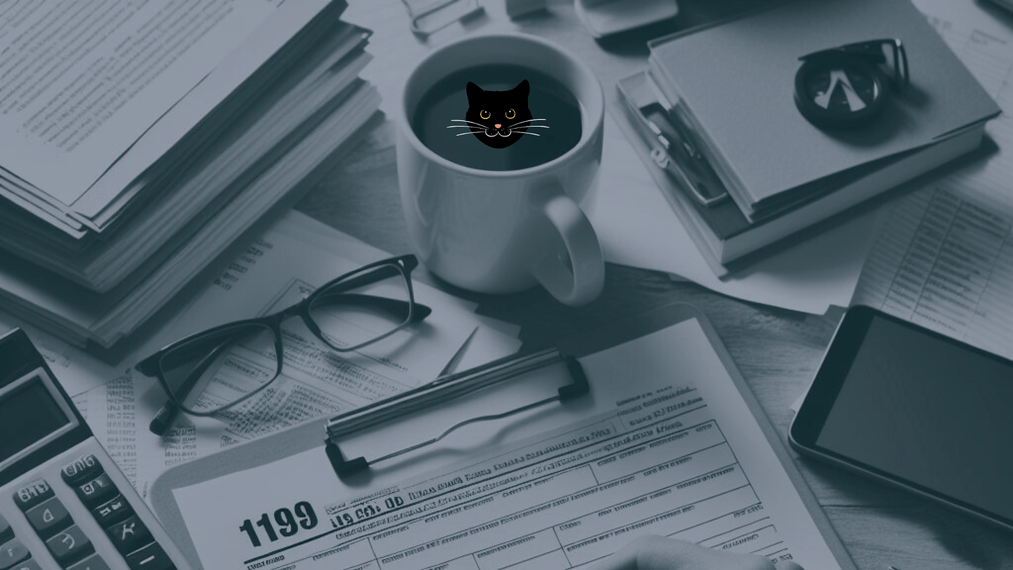 Image of tax documents and a cat face