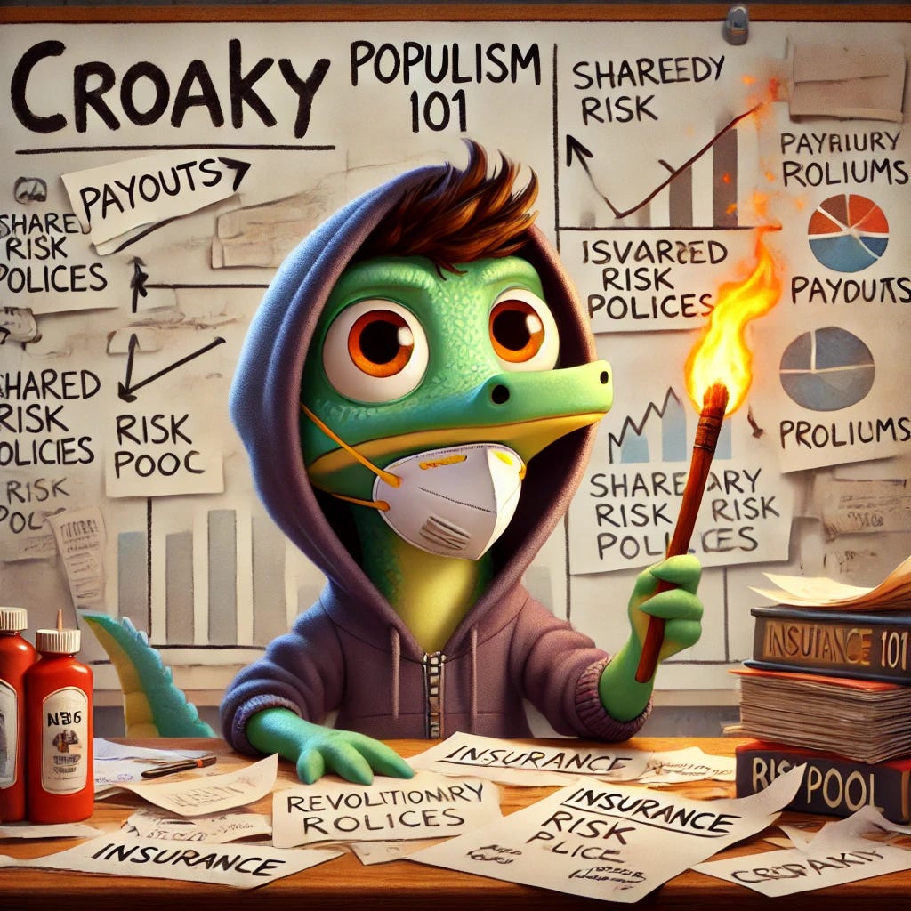 A whimsical Pixar-style illustration of Croaky, a small, anthropomorphic alligator with a curious expression, sitting at a cluttered desk surrounded by insurance paperwork and books labeled 'Populism 101' and 'Revolutionary Rhetoric.' Croaky is wearing a hoodie with the hood over his head and an N95 mask, holding a flaming torch in one hand, looking confused as he gazes at a smoldering pile of papers labeled 'Shared Risk Policies' on the desk. Behind him, a large bulletin board displays a chaotic diagram titled 'Insurance Ecosystem,' with crossed-out arrows connecting terms like 'Payouts,' 'Premiums,' and 'Risk Pool.' The overall style is lighthearted, vibrant, and expressive, capturing the charm and detail of Pixar animation.