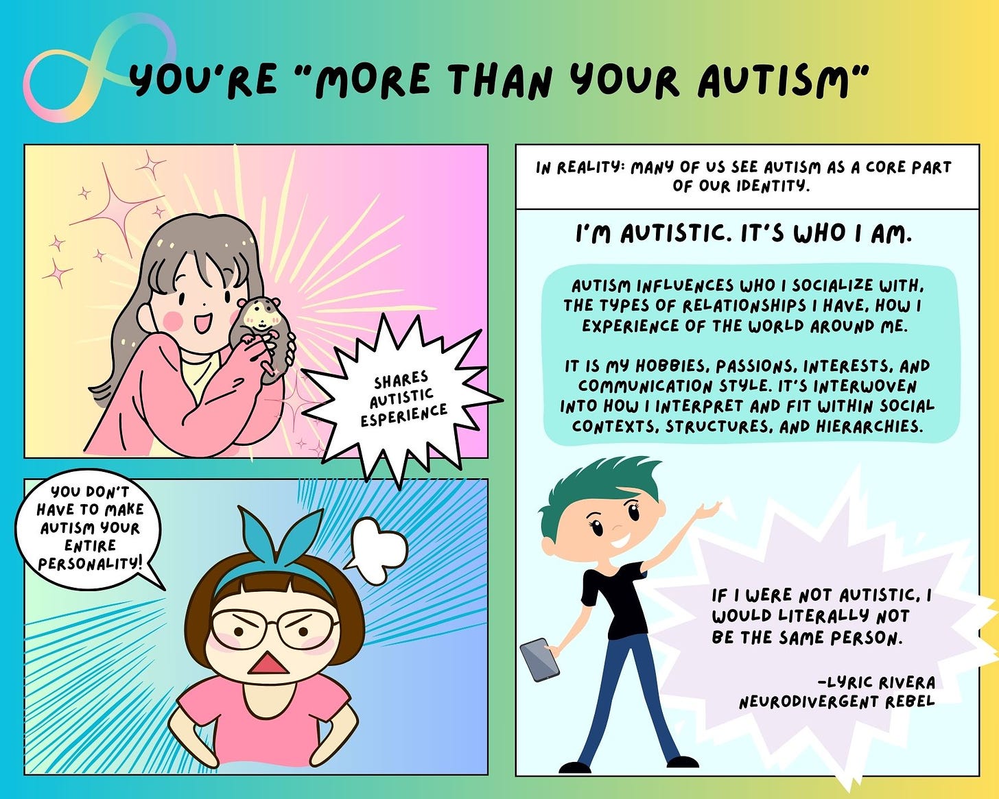 3-panel comic titled “You’re more than your autism” - the first panel, an excited person is sharing their Autistic experience. The second panel is a frustrated person scolding them, saying, “You don’t have to make autism your entire personality.” - the third panel is a Lyric emoji with the following text: In reality, many of us see autism as a core part of our identity. I’m Autistic. It’s who I am. Autism influences who I socialize with, the types of relationships I have, and how I experience the world around me. It’s my hobbies, passions, interests, and communication style. It’s interwoven into how I interpret and fit within social constructs, structures, and hierarchies. If I were not Autistic, I would literally not be the same person. - Lyric Rivera, NeuroDivergent Rebel