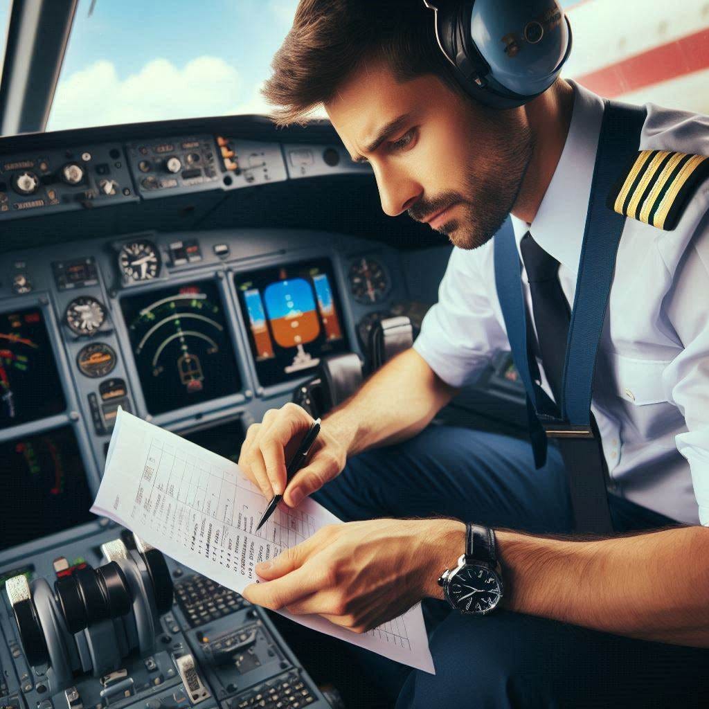 a pilot ticking items off a checklist while sitting in the cockpit