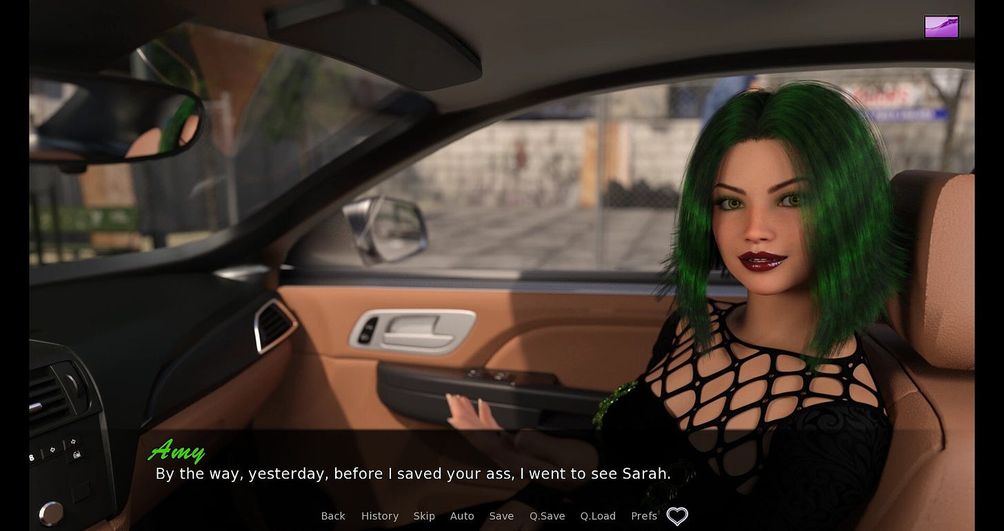A green-haired woman tells the protagonist she went to see Sarah after she saved him
