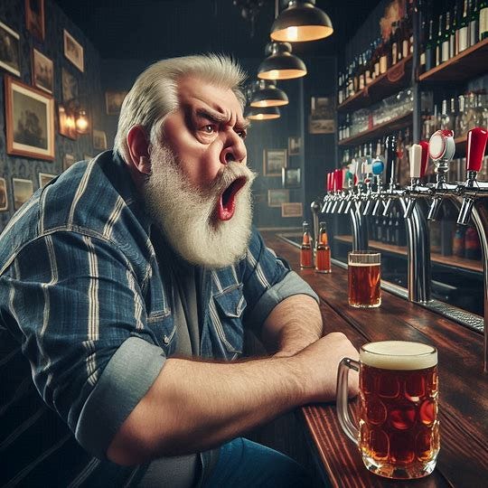 A man bloviating in a public bar, older and fatter, and show the bar with bar stools and beer taps in the background. Image 3 of 3