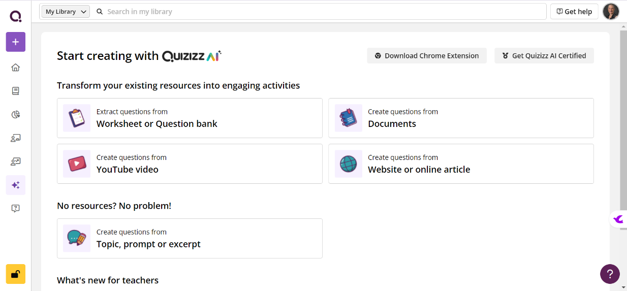 QuizizzAI main menu when accessed via Quizizz.com.