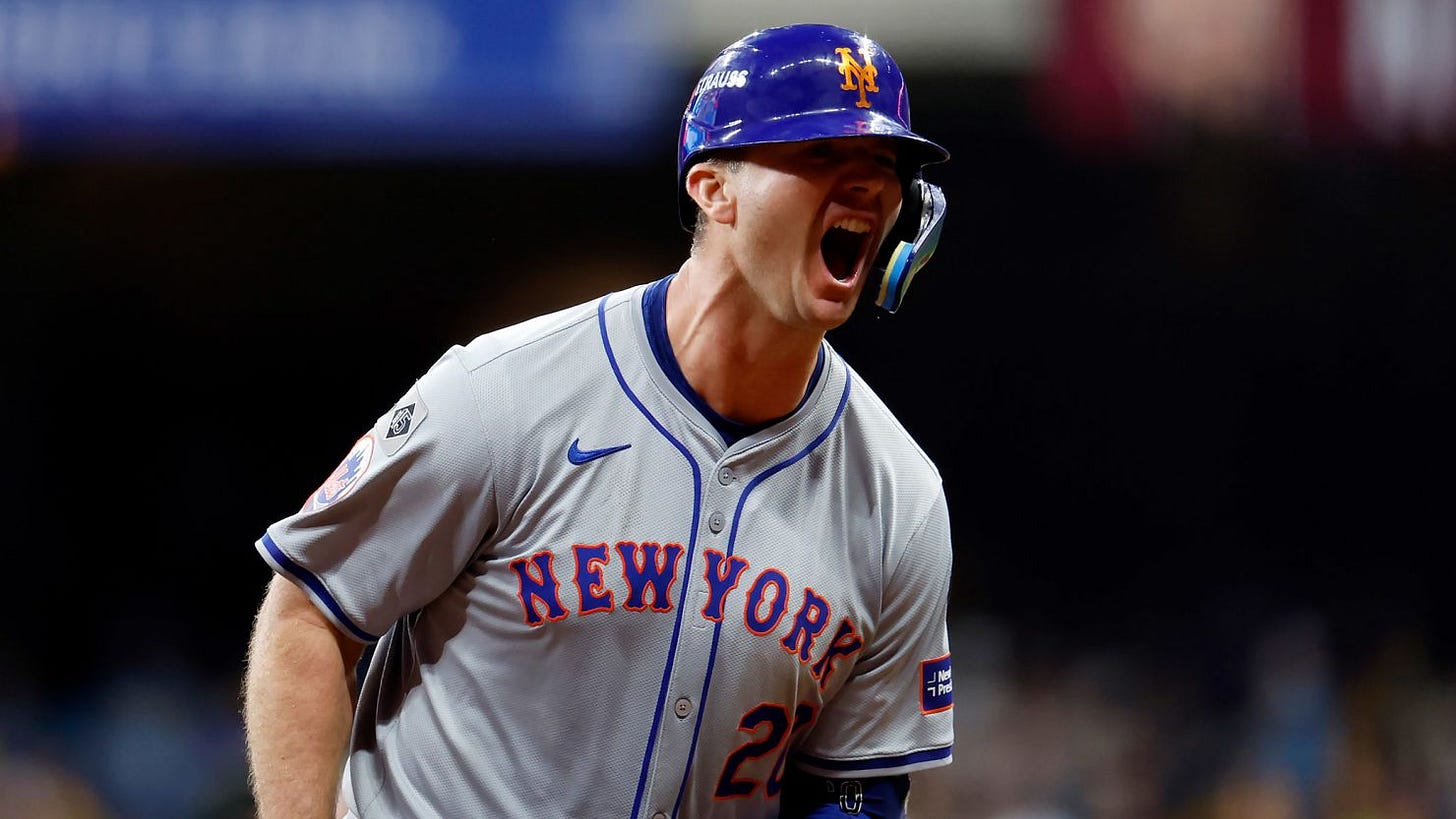 Pete Alonso celebrates his home run against the Milwaukee Brewers.
