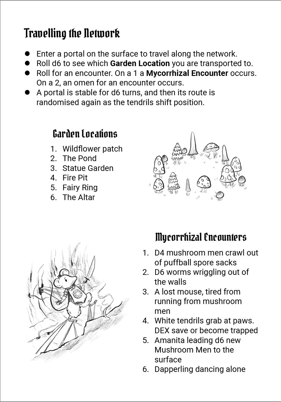 A layout page from mycelium. It shows information on travelling along a mushroom root network, a table of garden locations, and a table of mycorrhizal encounters. It also has an illustration of a mushroom fairy ring, and another of a mouse dressed in armour, with a sword, being grabbed by white fungal tentacles.