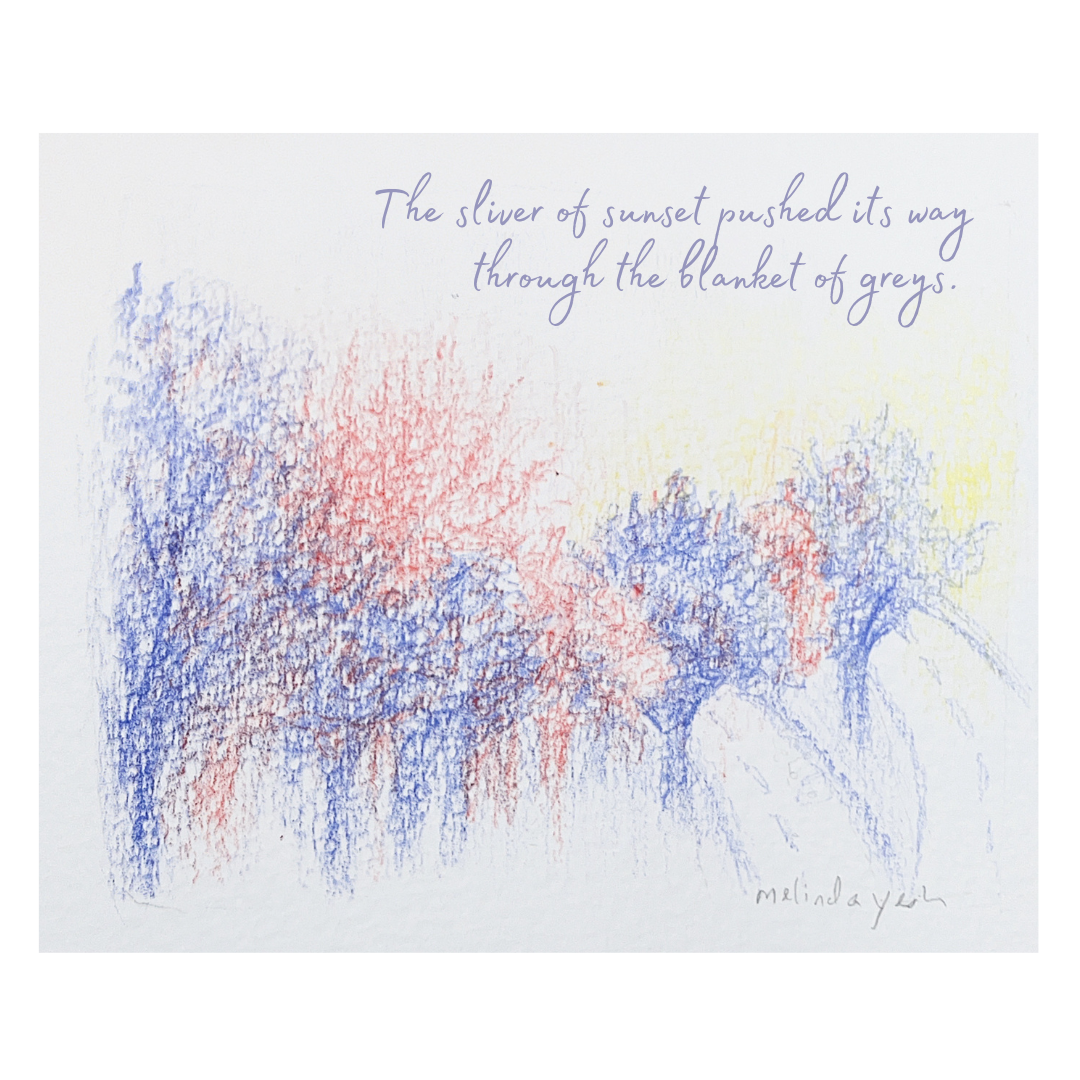 image: colourpencil drawing of red and blue trees with tinge of yellow sunset in a square graphic, with cursive handwriting of the poem "The sliver of sunset pushed through the blanket of greys