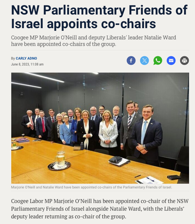 NSW Parliamentary Fri( 
Israel appoints co-chail 
Coogee MP Marjorie O'Neill and deputy Liberals' leader 
have been appointed co-chairs of the group. 
By CARLY ADNO 
June 8, 2023, 11:08 am 