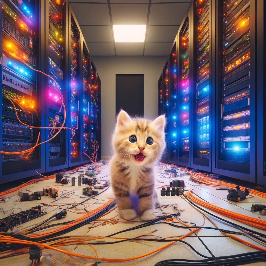 A humorous scene of a kitten causing chaos in a server room. The image captures a fluffy, adventurous kitten in the middle of a server room filled with high-tech, blinking server racks and a myriad of colorful cables. The kitten, with a playful gleam in its eyes, is seen pulling cables, pushing small devices off shelves, and generally turning the well-organized tech space into a playful mess. The atmosphere is fun and chaotic, emphasizing the contrast between the kitten's innocent playfulness and the seriousness of the server room environment.