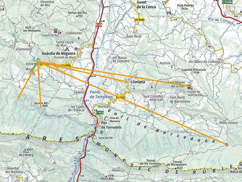 Línies de visió directe amb diferents castells, torres i assentaments que corresponien a la línia defensiva del Montsec d’Ares. Estorm, Sant Esteve de la Sarga. Pallars Jussà. Montsec d’Ares. Lleida, Catalunya