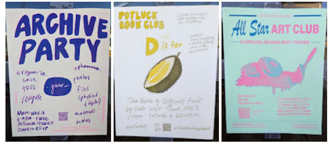 Three riso printed event posters: one for an Archive Party, one for a Potluck Book Club to discuss The Book of Difficult Fruit, and one for the All Star (donuts!) Art Club