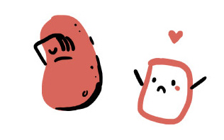 A cute illustration of a marshmallow with a sad face and a sweet potato looking away from the marshmallow