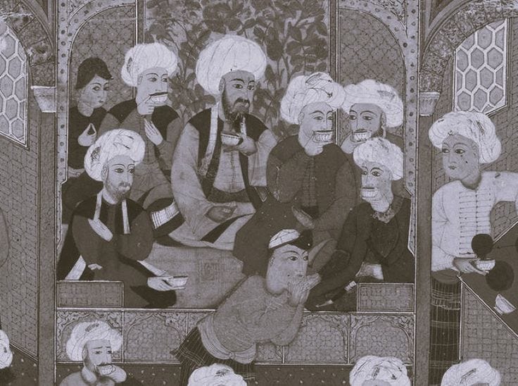 This may contain: an old painting of men and women sitting in front of each other, all wearing turbans