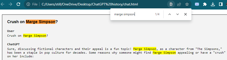 Using the "Find" command to search ChatGPT chat history