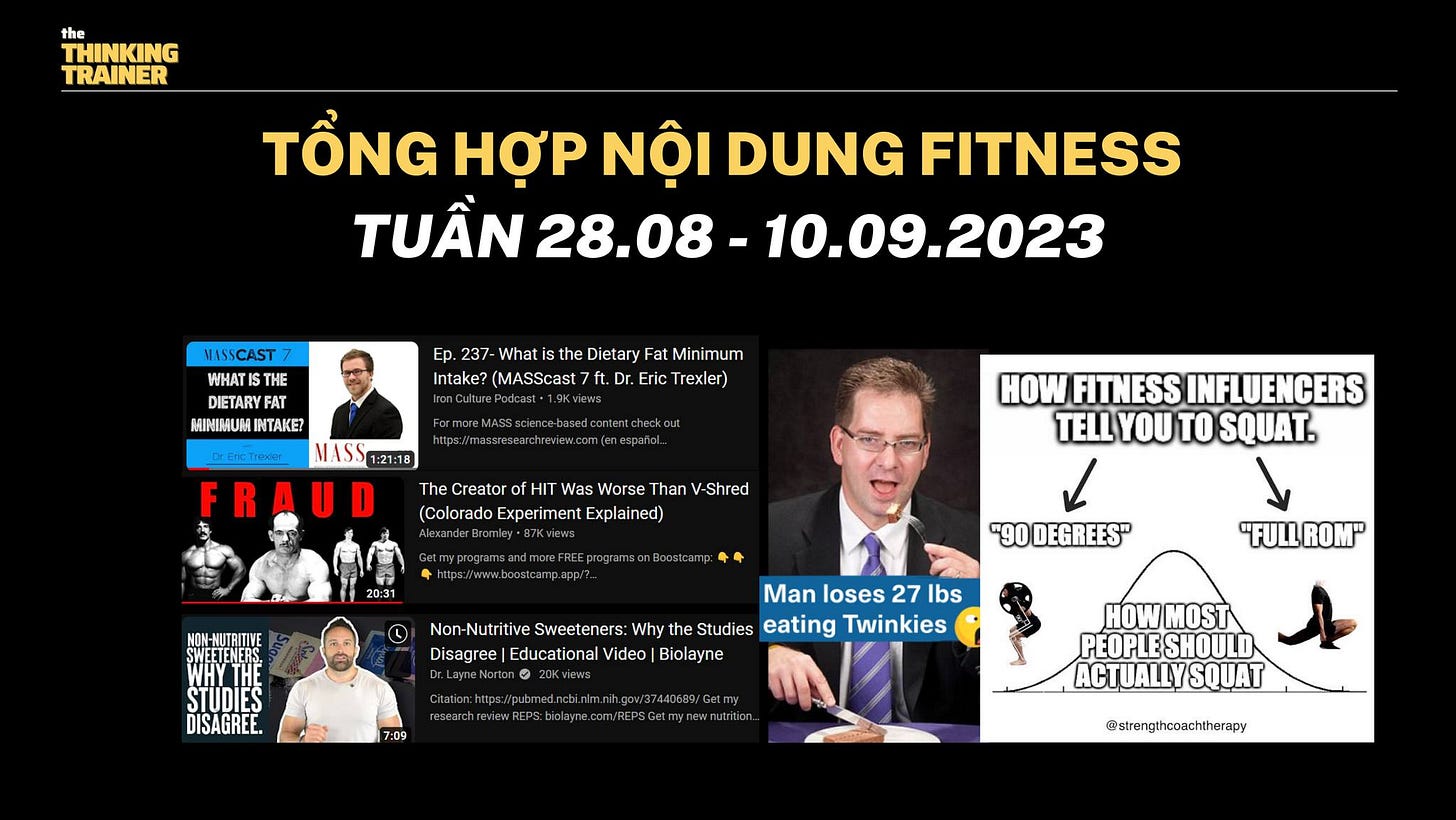 Có thể là hình ảnh về 6 người và văn bản cho biết 'THINKING TRAINER Tá»NG HỢP NỘI DUNG FITNESS TUẦN 28.08- 10.09.2023 MASSCAST WHATIS THE DIETARY MINIMUM INTAKE? Ep. What Dietary mum Intake? (MASSst ft.D ic Trexler) massresearchreview.com Was Worse ThanV-Sh ColoradoExperimenExplained 20:31 HOW FITNESS INFLUENCERS TELL TELLYOU TO SQUAT. ✓ "90DEGREES" WHYT Non-Nutritive Sweeteners: Disagree| Educational Video the Studi Biolayne Man loses 27 lbs eating Twinkies "FULLROM" HOW HOWMOST EOPLESHOULD @strengthcoachtherapy'