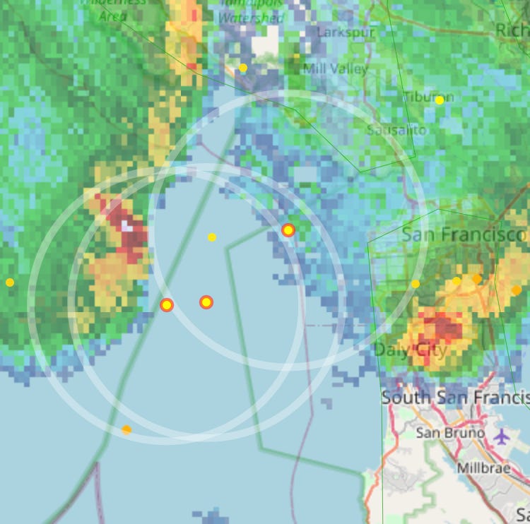 A screenshot from Lightning Maps showing thunder approaching