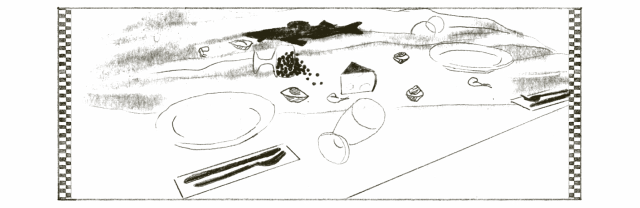 A sketched dining scene with empty plates, overturned glasses, scattered cheese cubes, and crumbs, suggesting a lively meal just finished. A fish-shaped silhouette is visible in the tablecloth's design.