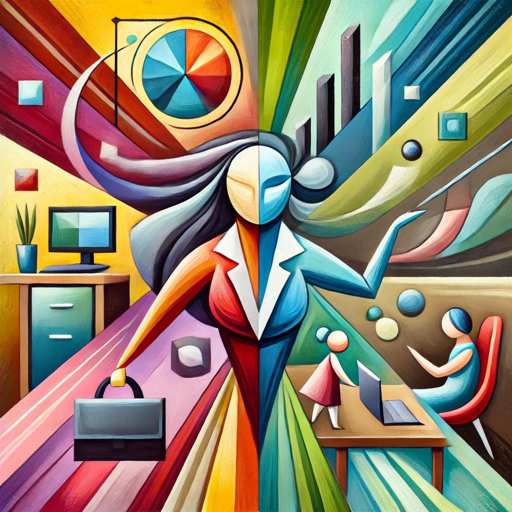 An abstract, playful painting representing the challenge of balancing career and family. A central figure symbolizing a woman is split into two parts: one half immersed in a vibrant, professional workspace represented by sharp, geometric shapes in bright colors like red, yellow, and blue; the other half engaged in family life, with soft, flowing lines and pastel shades like pink and light green. The background uses shades of green, blue, brown, and black to create a natural, harmonious atmosphere. Visible brushstrokes add texture, and the image has a flat, two-dimensional appearance.