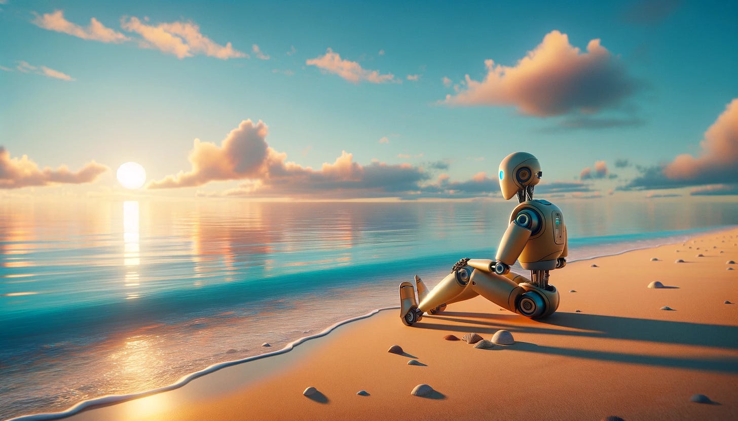 Imagine a scene that captures the essence of optimism through the lens of the ordinary, but with a twist: robots engaging in simple, joyous daily activities. The image will depict a robot sitting on the edge of a common beach area, looking out at a calm sea under a clear, light blue sky. The robot is in a moment of quiet reflection, enjoying the serene atmosphere. The beach is ordinary, with soft sand, a few seashells scattered around, and the gentle sun casting a warm glow in shades of orange and yellow, blending seamlessly with the light blue of the sky. This scene highlights the concept of finding joy and optimism in the simplicity of daily life, even for a robot. The setting and activities are straightforward and relatable, emphasizing the beauty of everyday moments and the universal nature of hope and contentment.