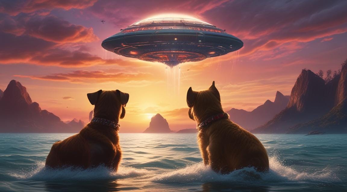two dogs in water looking up at UFO