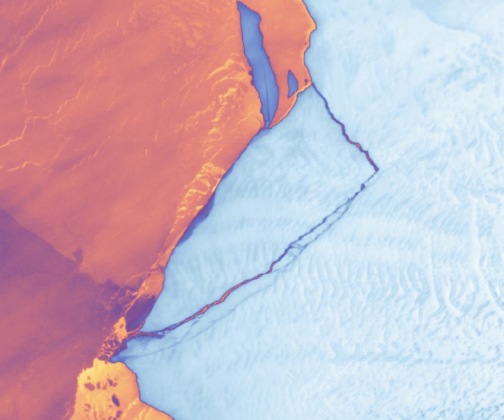 A satellite photo shows a huge triangular-shaped piece of ice that has broken off but still fits in the ice sheet like a jigsaw puzzle piece.