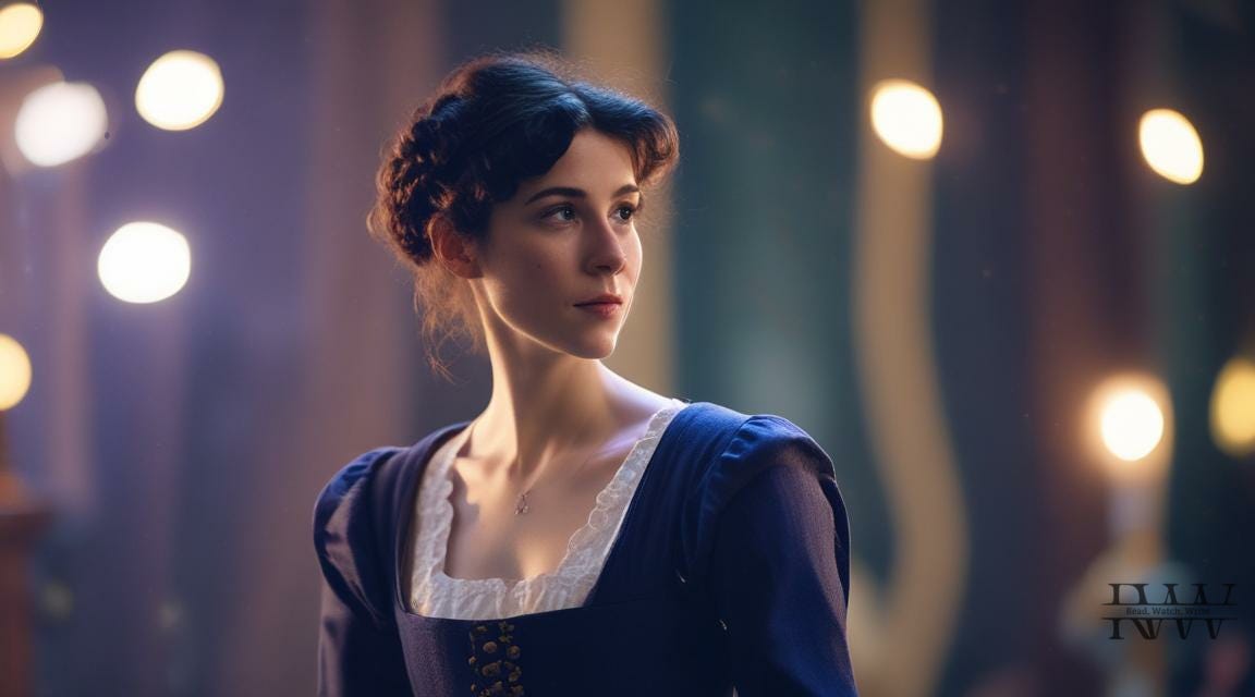 a young woman in an indigo blue dress looking offstage