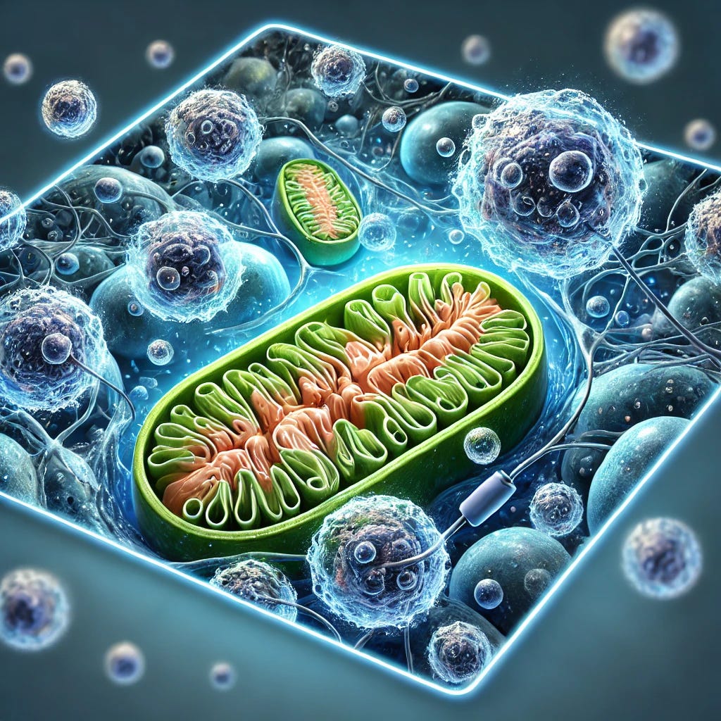 A visually appealing and detailed square image focusing on deuterium and mitochondria, utilizing the full space of the image. Highlight the mitochondria within a human cell, showing the effects of deuterium. Illustrate deuterium as a heavy form of hydrogen with clear visual differences. Depict deuterium entering the cell and interacting with the mitochondria. Use clean and scientific blue and green tones to represent health and science, ensuring there is no text or borders in the image.