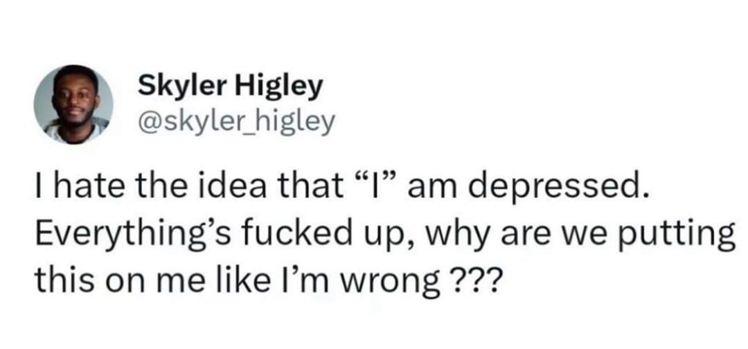 Skyler Higley @skyler_higley I hate the idea that "I" am depressed. Everything's fucked up, why are we putting this on me like I'm wrong???