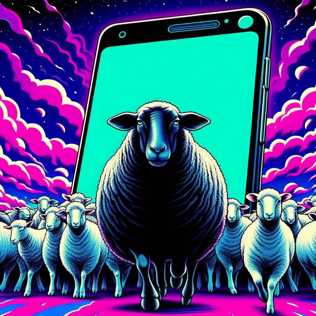 A black sheep with black wool proudly and peacefully walking away from a giant, menacing smartphone screen. A herd of white sheep look at the screen entranced. Psychedelic illustration style.
