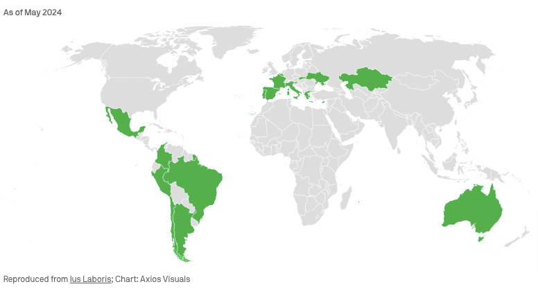 A world map showing countries with right to disconnect policies, as of May 2024, reproduced from Ius Laboris, chart by Axios Visuals. The countries highlighted are: Mexico, Colombia, Peru, Chile, Brazil, Argentina, Portugal, Spain, France, Belgium, Italy, Slovenia, Slovak Republic, Greece, Ukraine, Cyprus, Kazakhstan, and Australia.