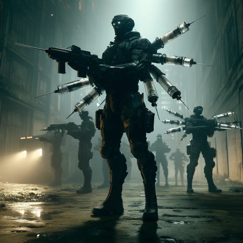 A futuristic scene depicting soldiers wearing black combat uniforms, but instead of normal arms, they have mechanical arms shaped like large syringes. The setting is a dimly lit urban landscape, with the eerie glow of streetlights casting long shadows. The soldiers are positioned in a tactical formation, conveying a sense of stealth and danger. The background features abandoned buildings and a misty atmosphere, enhancing the dystopian feel of the scene.
