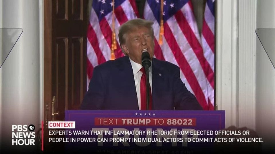 May be an image of 1 person, the Oval Office and text that says 'PBS NEWS HOUR CONTEXT TEXT TRUMP TO 88022 EXPERTS WARN THAT INFLAMMATORY RHETORIC FROM ELECTED OFFICIALS OR PEOPLE IN POWER CAN PROMPT INDIVIDUAL ACTORS TO COMMIT ACTS OF VIOLENCE.'