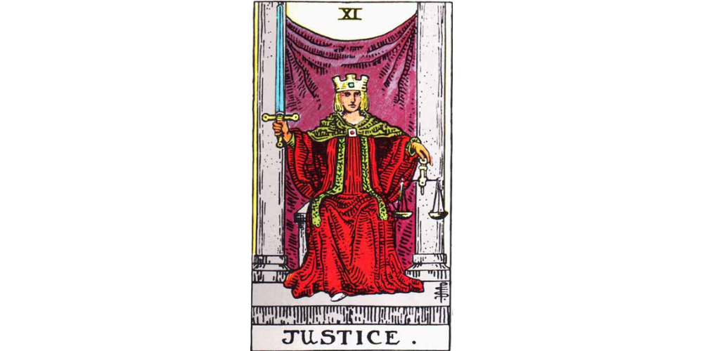 The Justice tarot card. Description follows in the text.