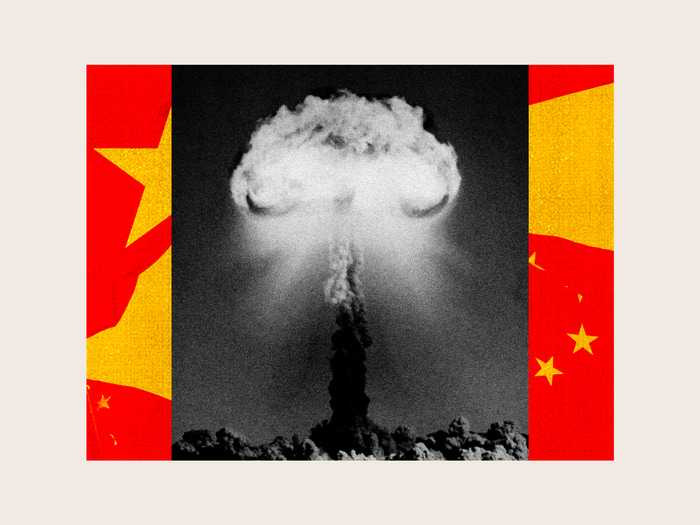 A collage of a photo of a nuclear bomb over an image of the Chinese flag