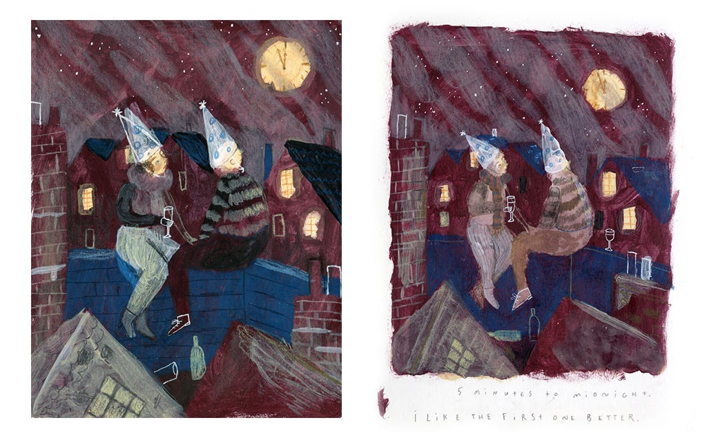 illustration of two people on a rooftop on new years eve by vivien mildenberger