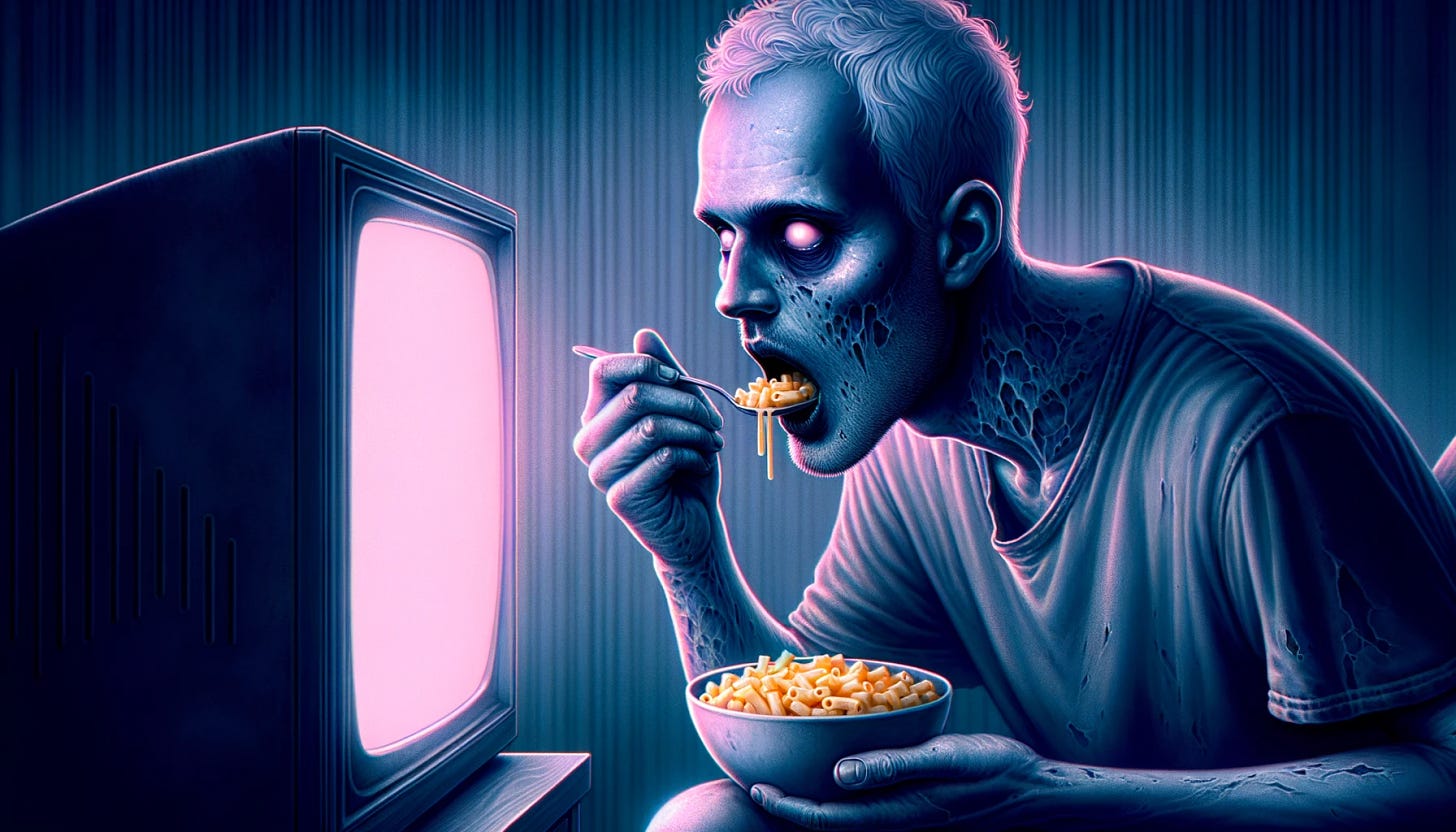 Beautifully shaded digital painting of a man showing signs of scurvy, with pale skin and darkened gums, sitting in a dim room. He is in front of a TV emitting a soft pink glow that illuminates the room. The man's eyes are vacant, lost in the hypnotic screen, as he mindlessly spoons macaroni and cheese into his mouth from a bowl on his lap.
