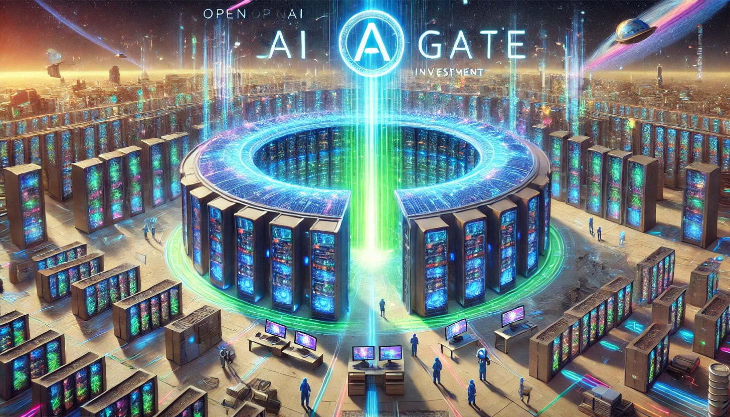 A 16:9 futuristic illustration depicting OpenAI's AI datacenter investment named 'SARGATE,' designed to resemble a stargate. The scene features a massive circular structure glowing with blue and green lights, symbolizing a high-tech gateway to advanced AI capabilities. The stargate-like datacenter is surrounded by towering server racks and vibrant data streams radiating from its center. Engineers and robots are shown managing the operations, with holographic letters spelling 'SARGATE' above the structure. The background includes a futuristic cityscape, emphasizing the scale, innovation, and otherworldly vision of this AI infrastructure.