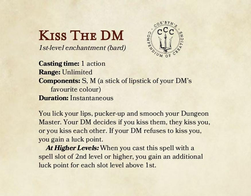 Kiss The DM - 1st-level spell for players with cute Dungeon Masters :  r/UnearthedArcana