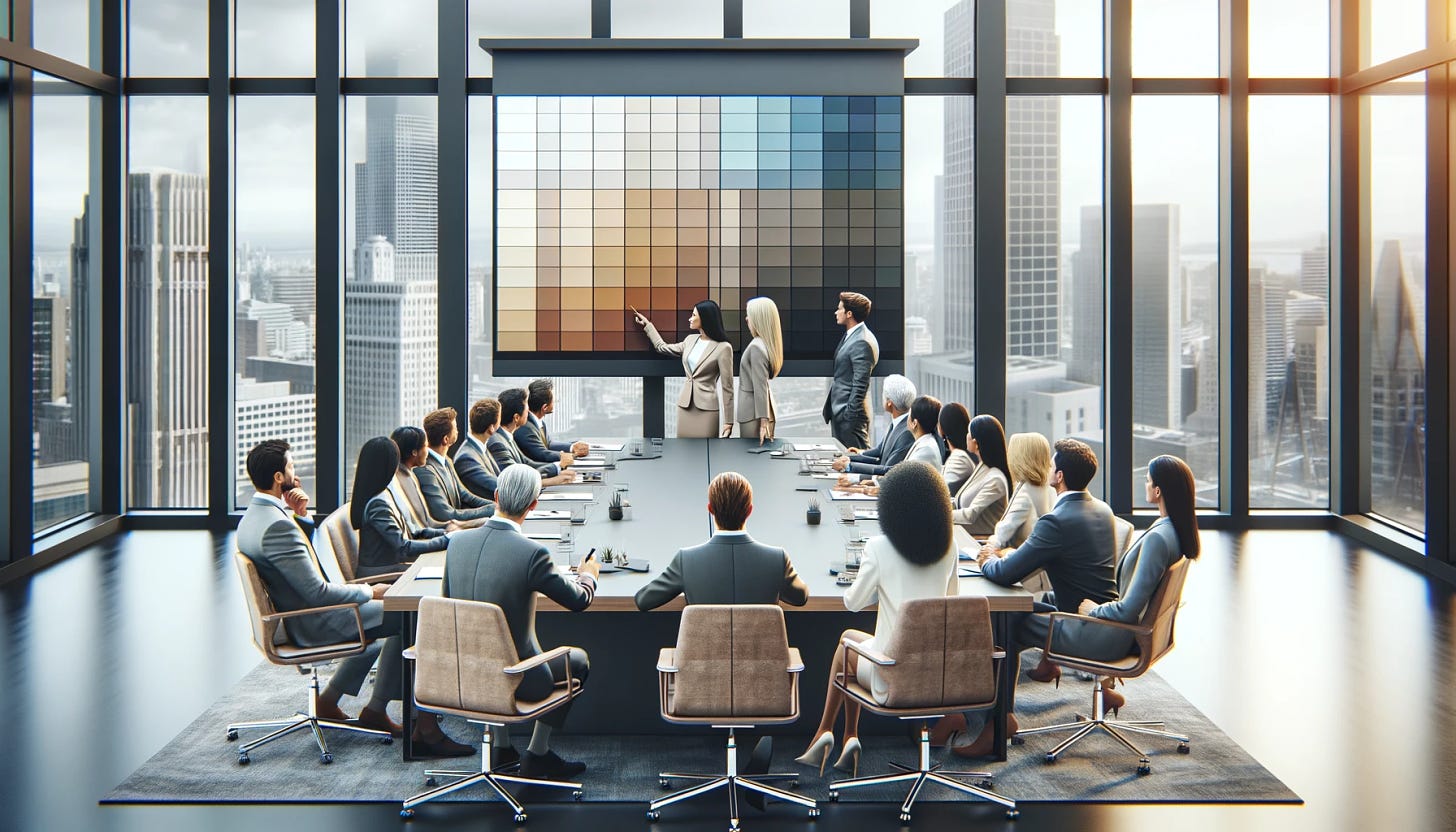A photo-realistic, horizontal image of a diverse group of people in a board meeting. The scene is in a contemporary, well-lit boardroom with a large table. Various ethnicities of people in business attire are seated and standing around the table. Two individuals, a man and a woman, are actively pointing at a screen displaying different shades of beige. Other attendees, both men and women, are engaged, looking at the screen and taking notes. The setting should have natural lighting and show a realistic cityscape through a large panoramic window.
