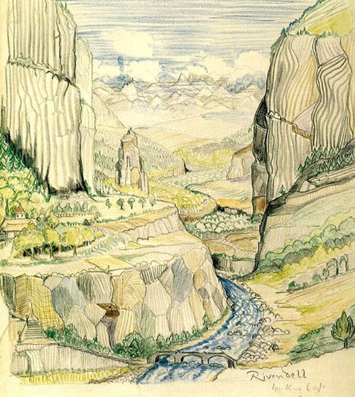 An illustration of Rivendell by Tolkien
