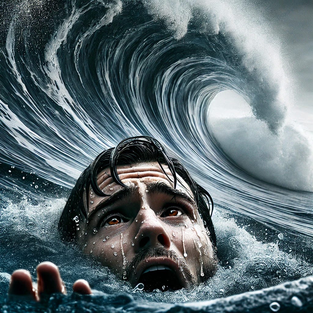 A close-up of a person's face struggling to stay afloat in the ocean, with a massive wave about to crash over them