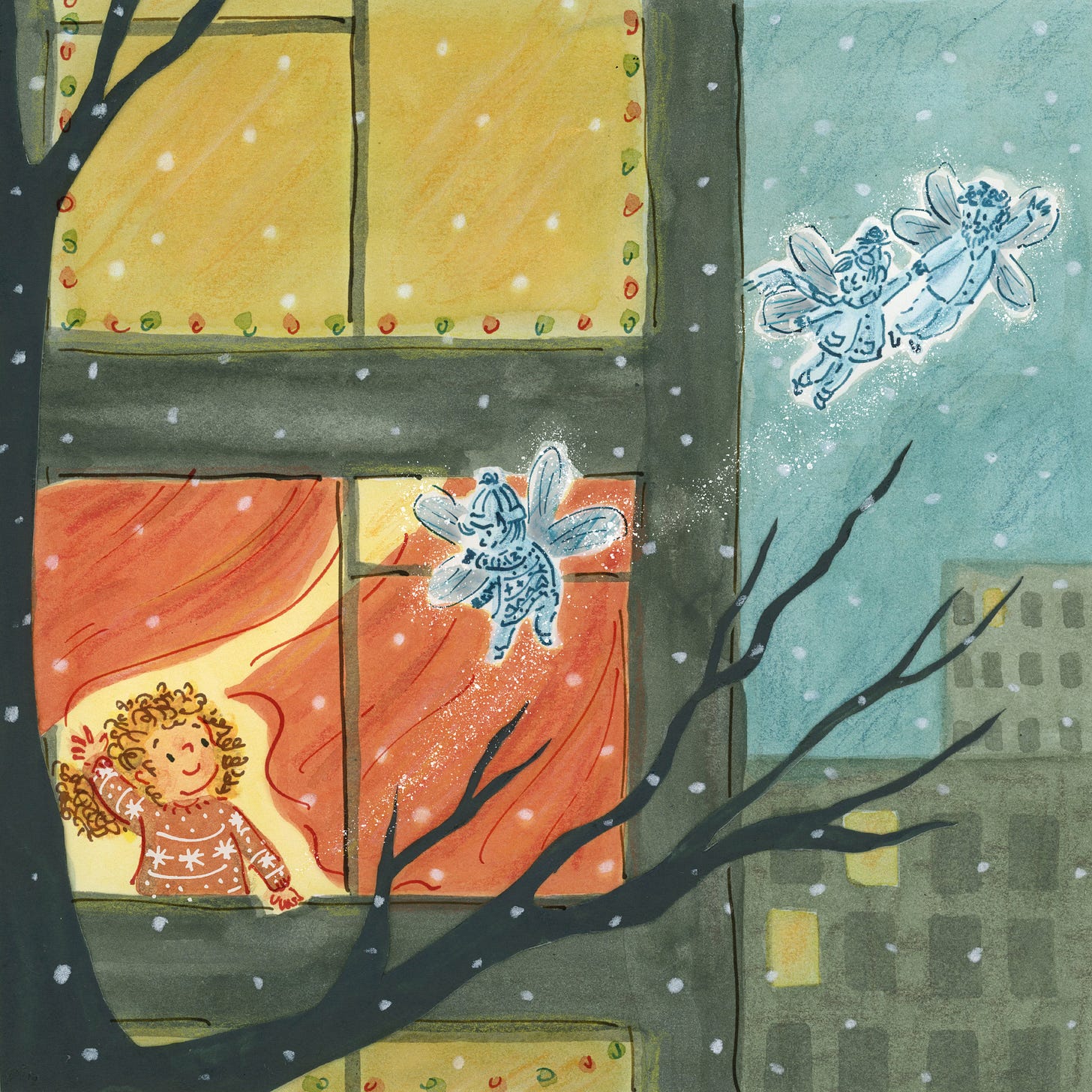 A young ginger haired girl waves from the window of her flat to a small winter fairy who is flying away with her parents. It's snowing. There are tall buildings in the background and the bare branches of a tree in the foreground. Picture book style illustration by Nanette Regan