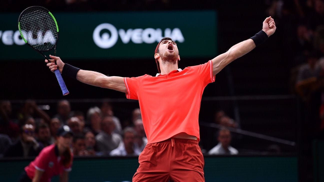 karen kahchanov celebrates beating off novak djokovic at paris masters 2018