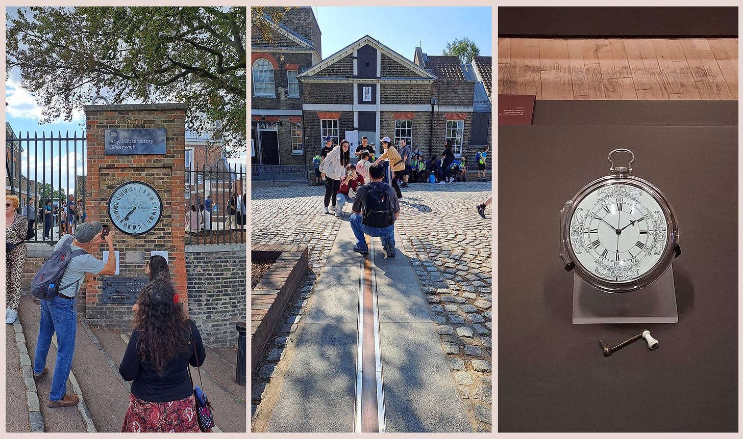 The Shepherd Clock at the gate to Greenwich Observatory, the Old Meridian Line, Harrison’s “H4” prize-winning chronometer. 