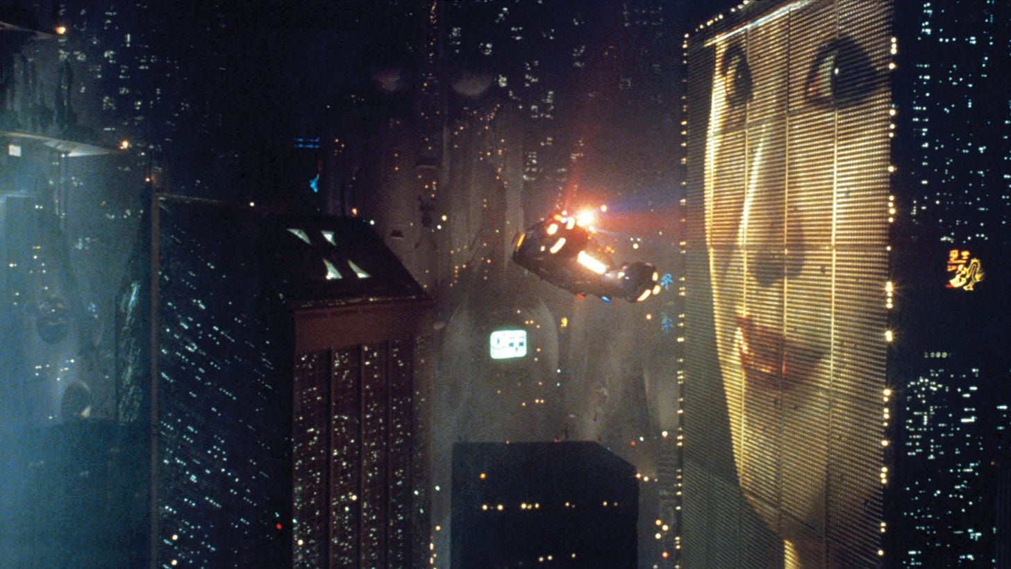 A flying car against a city skyline in "Blade Runner" (1982)