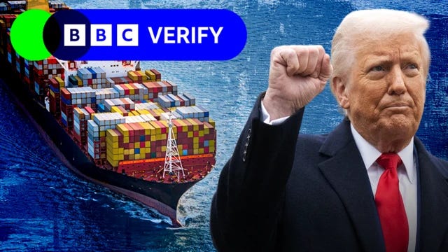 President Trump holding up his right fist. He is pictured in front of a container ship. The BBC Verify logo is in the top left of the image.  